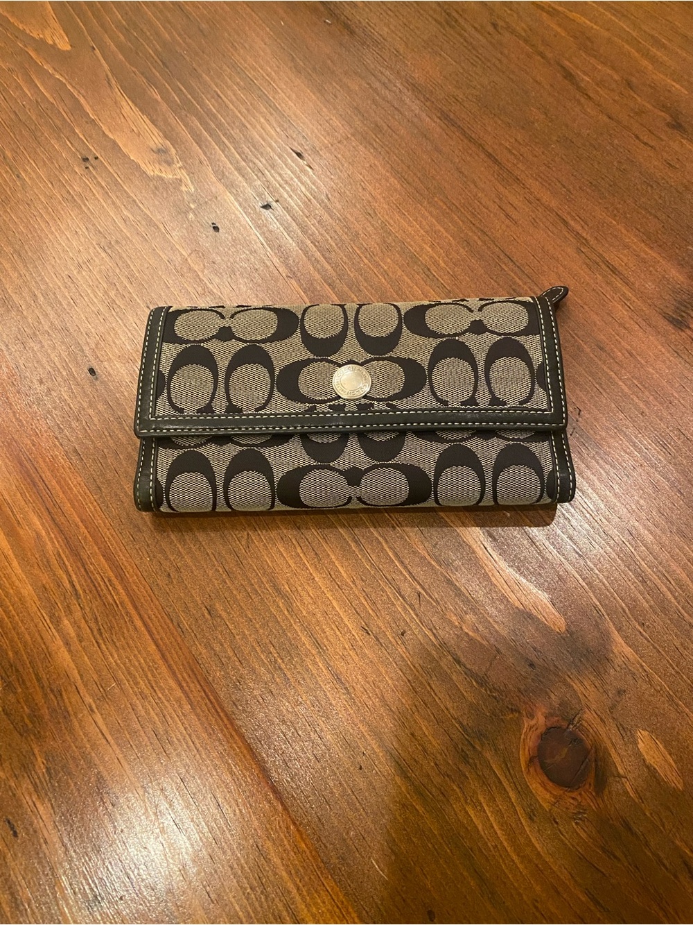 Coach Black and Brown Signature Canvas Trifold Wallet